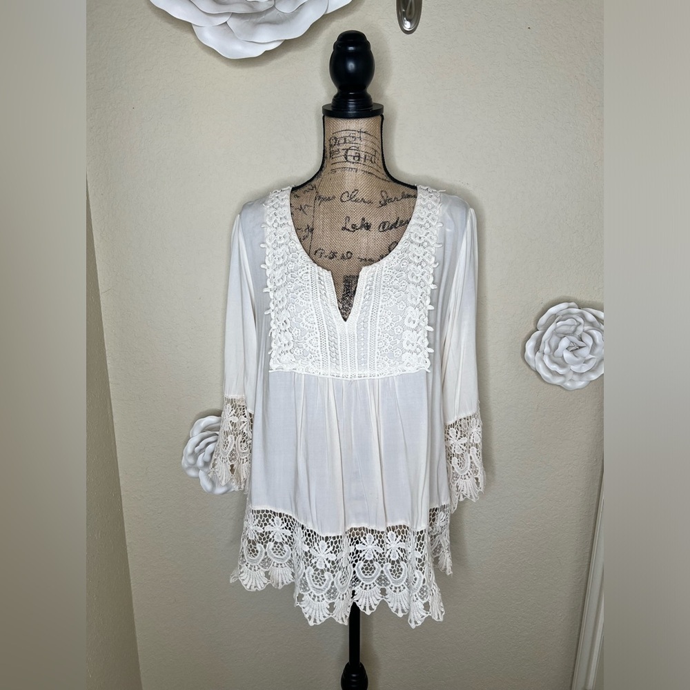 Solitaire Ivory Boho Crochet Lace Tunic Top 1X Flowy Peasant Blouse XL Fit